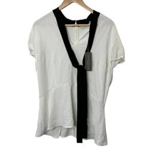 EVA MENDES White Short Sleeve V Neck-Tie Style Collared Top Women's Size XL New
